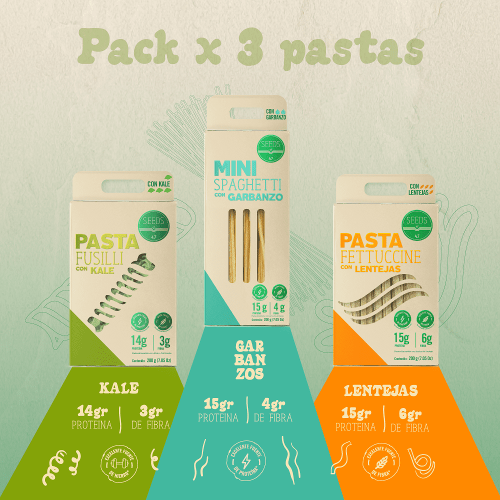 Pack x3 Pastas: Fetuccine - Lentejas, Mini Spaghetti - Garbanzo, y Fusilli - Kale c/u 200 g